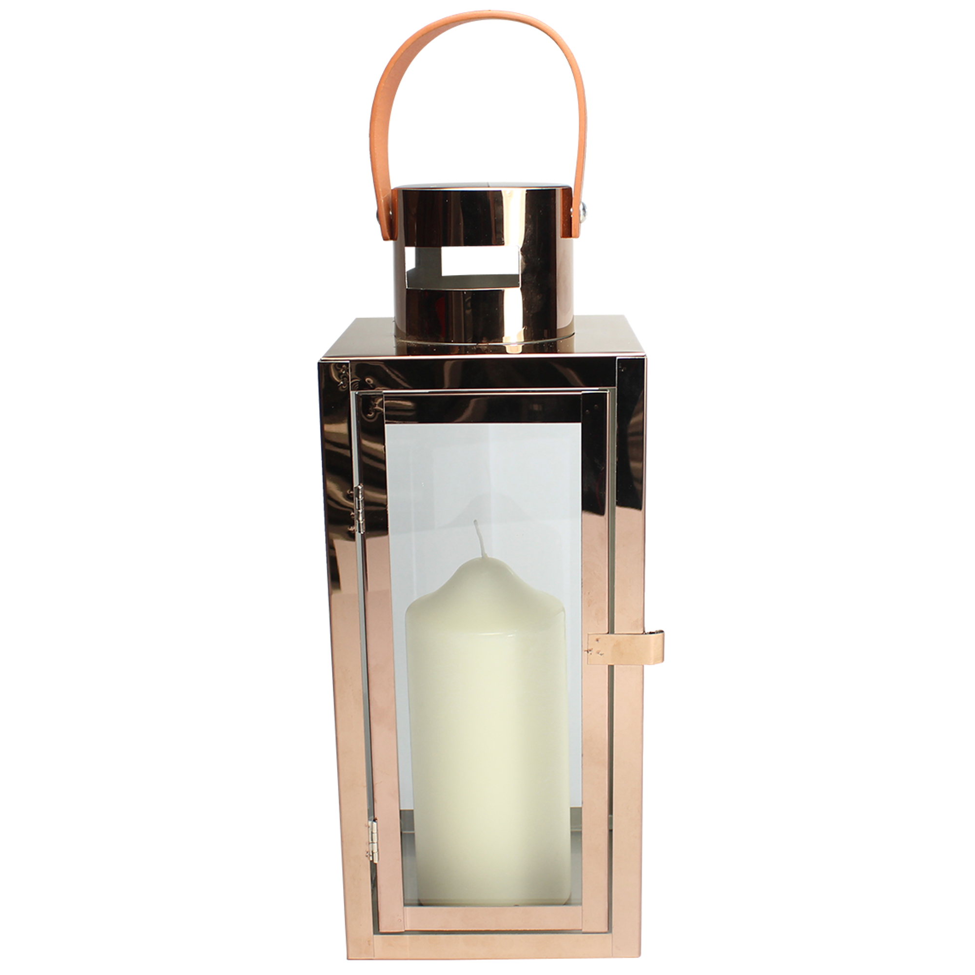Large (h31cm) Glass & Copper Pillar Candle Lantern w/ Leather Carry Handle