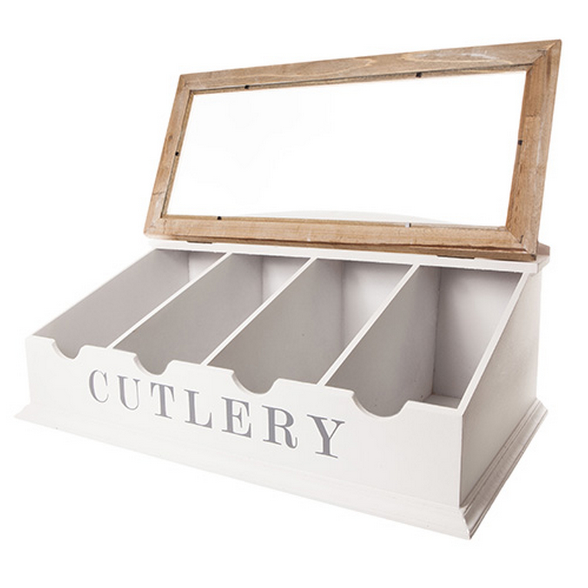 Large Table Top White &amp; Brown Wooden Cutlery Box ...