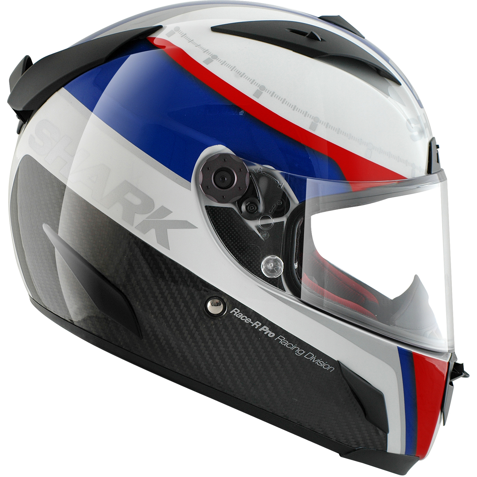 Shark RaceR Pro Carbon Racing Division White Blue Red Motorcycle