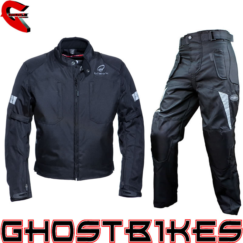 BLACK SPORTS JACKET & ROXTER TROUSERS MOTORCYCLE MOTORBIKE 2 PIECE CLOTHING KIT