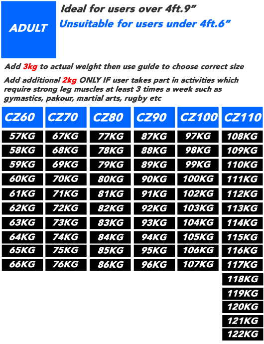 Adult Pro-Jump Size guide