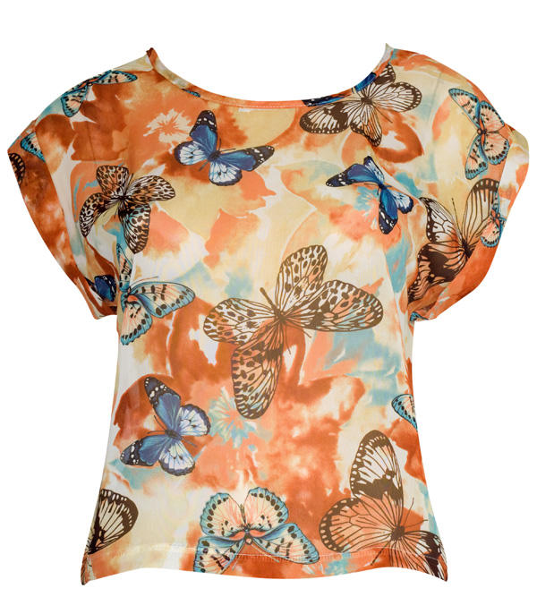 butterfly print blouse. Close. Tan Butterfly Print