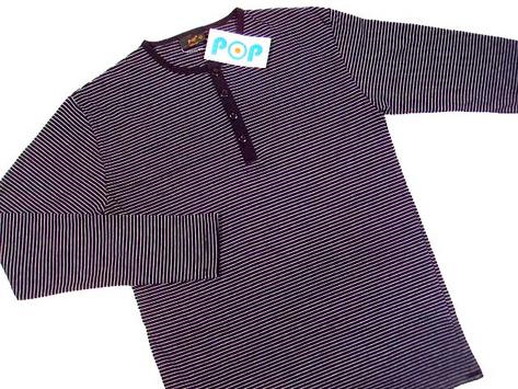 New Retro Granddad Button Neck Stripe T Shirt Black  Preview