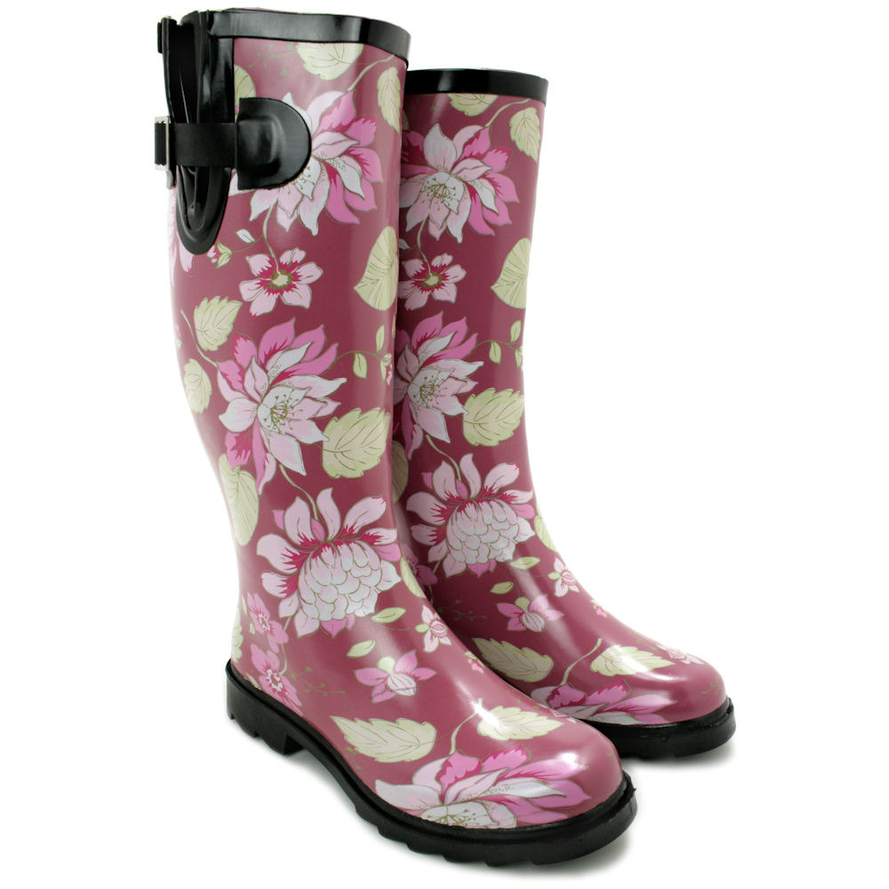 New Womens Wellies Flat Welly Wellingtons Knee High Rain Ladies Boots Size 3 8 7603