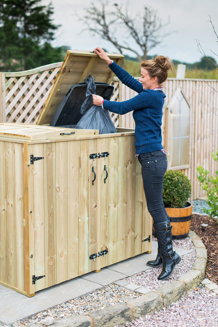 Double Wheelie Bin Store Wooden Chest Double Doors Lids Lift The Bin