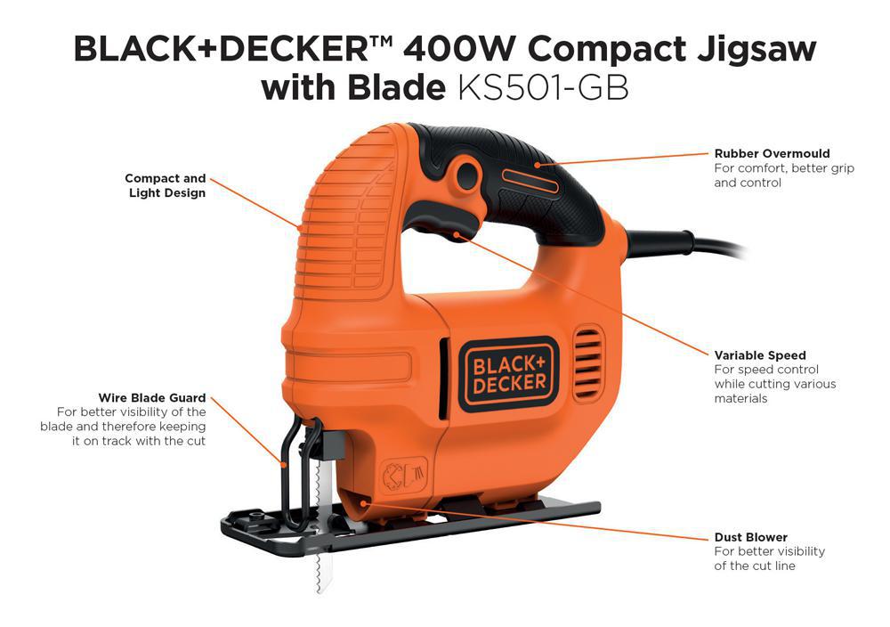 Black & Decker KS501GB 400w Compact Jigsaw With 1 Wood Cutting Blade