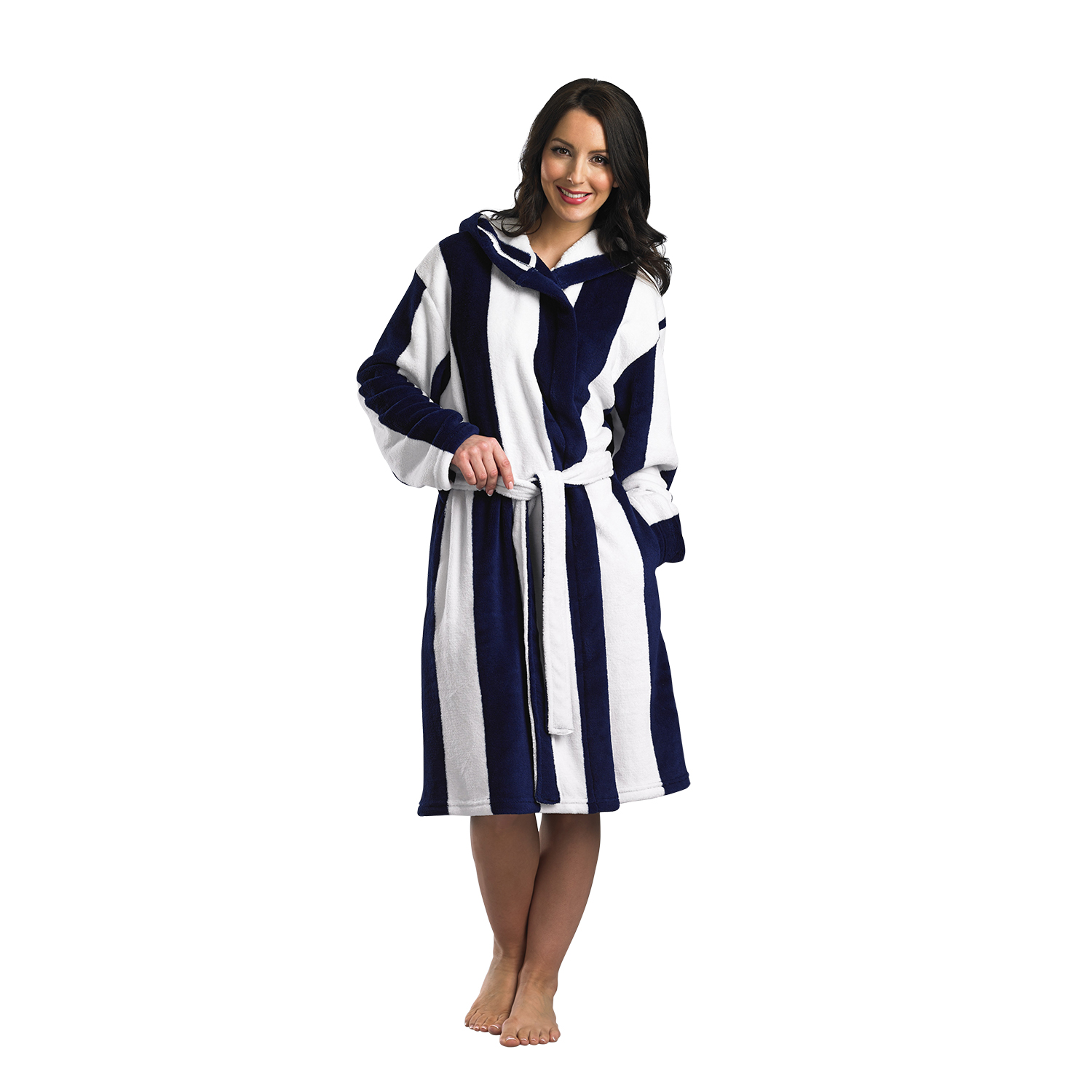 Women Slenderella Striped Hooded Dressing Gown Soft Coral Fleece Bath ...