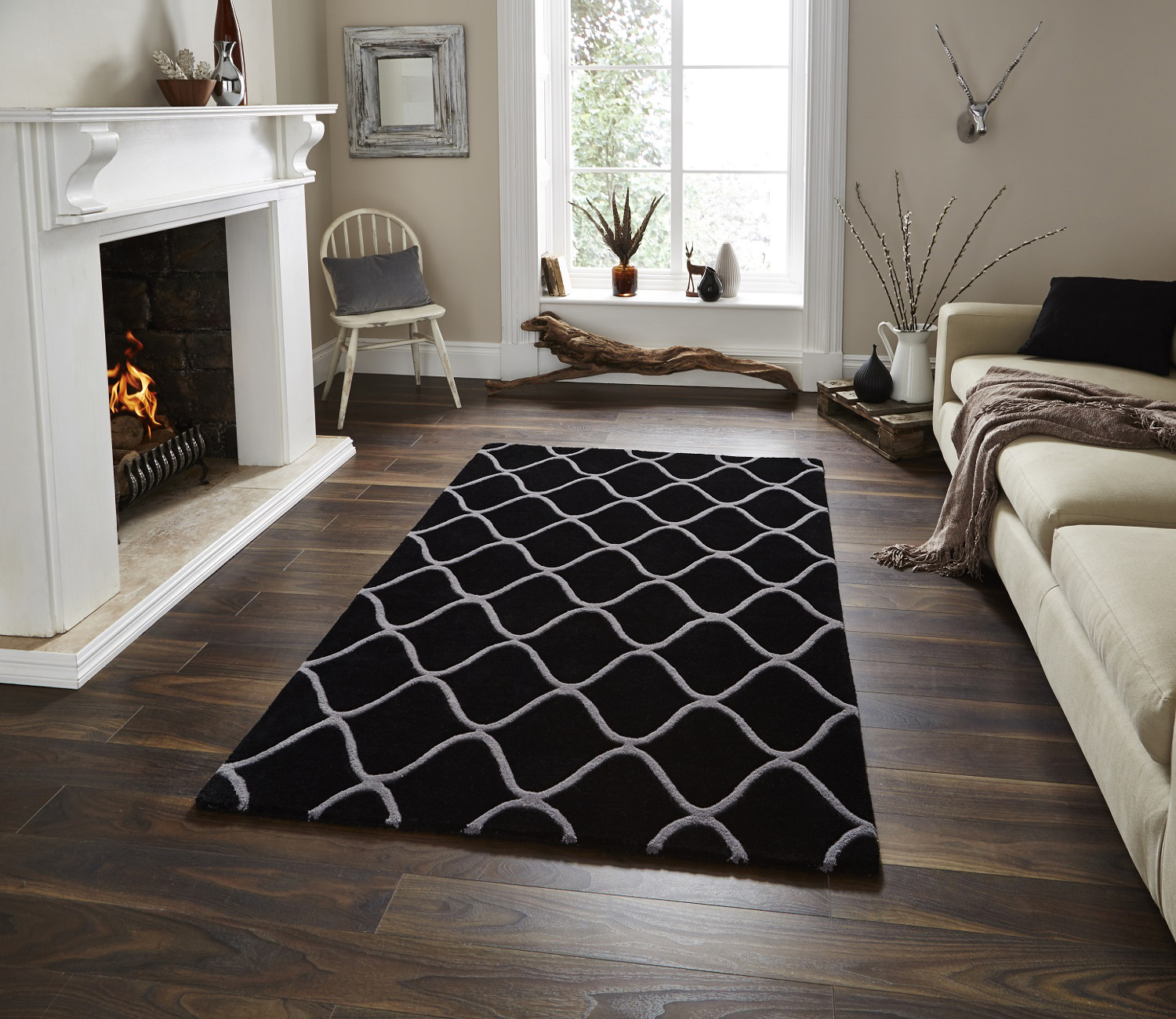 Large Black Rug Furniture Wave Design Hand Tufted 100 Wool Rug Contemporary Home Decor Large Carpet Mat