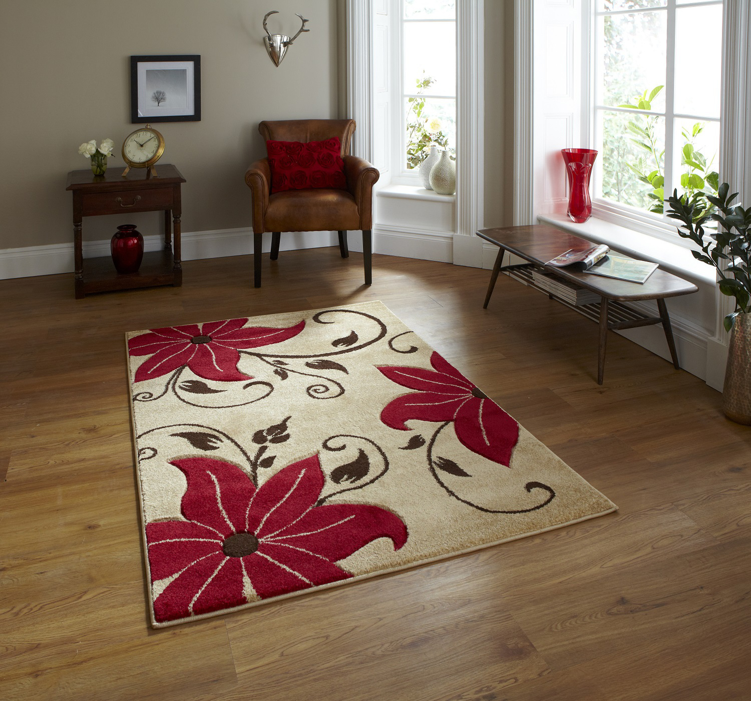 Beige Red Fl Hand Carved Effect Rug 100 Polypropylene Modern Beige Red Fl Hand Carved Effect Rug 100