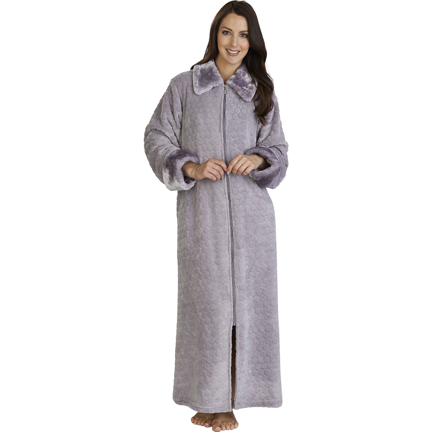 Ladies Slenderella Faux Fur Collar Bathrobe Ankle Length Zip Up