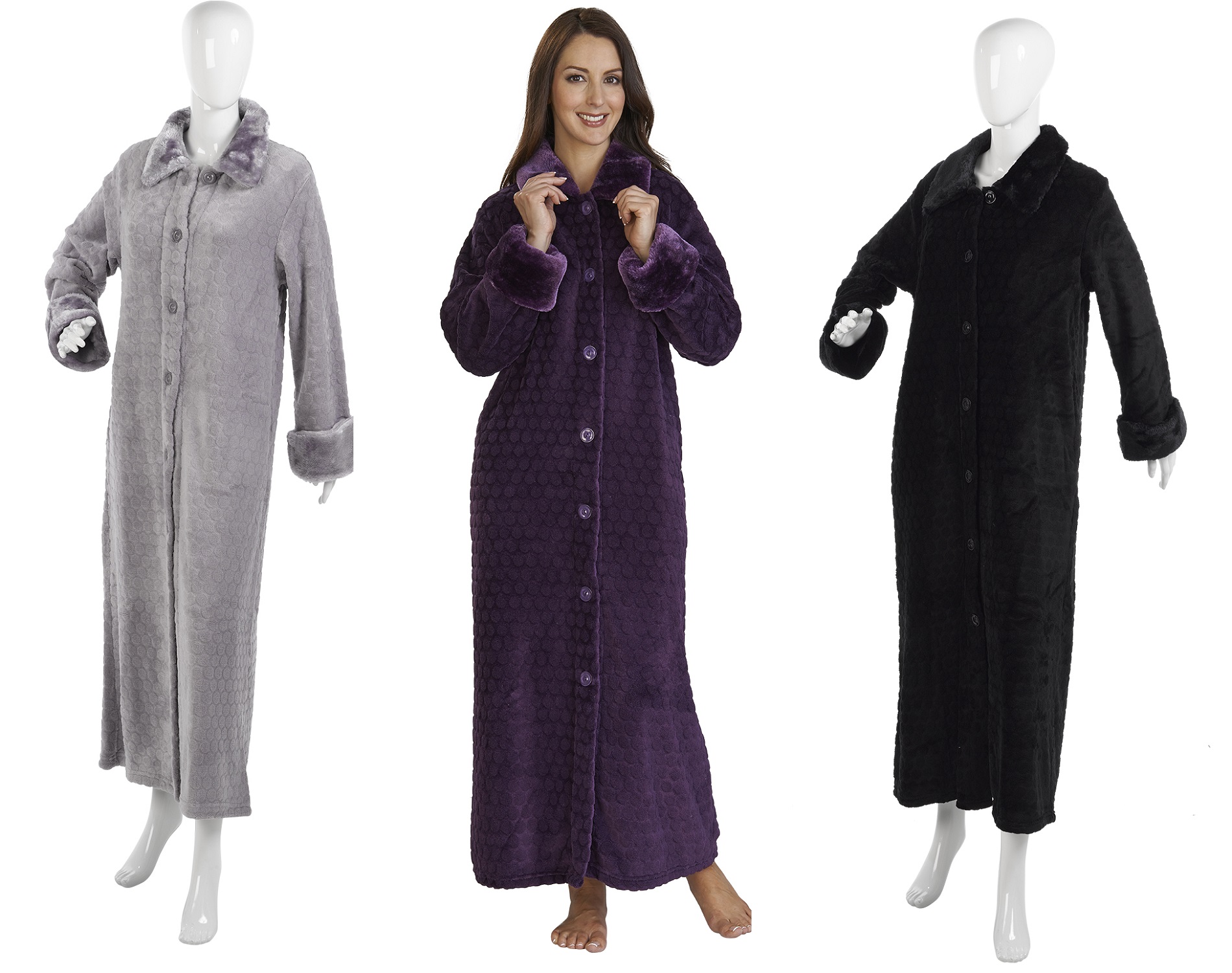 Slenderella Luxury Button Up Dressing Gown Ladies Soft Faux Fur Collar