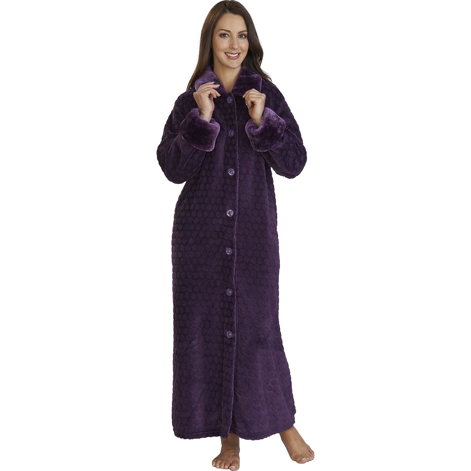 Slenderella Luxury Button Up Dressing Gown Ladies Soft Faux Fur Collar