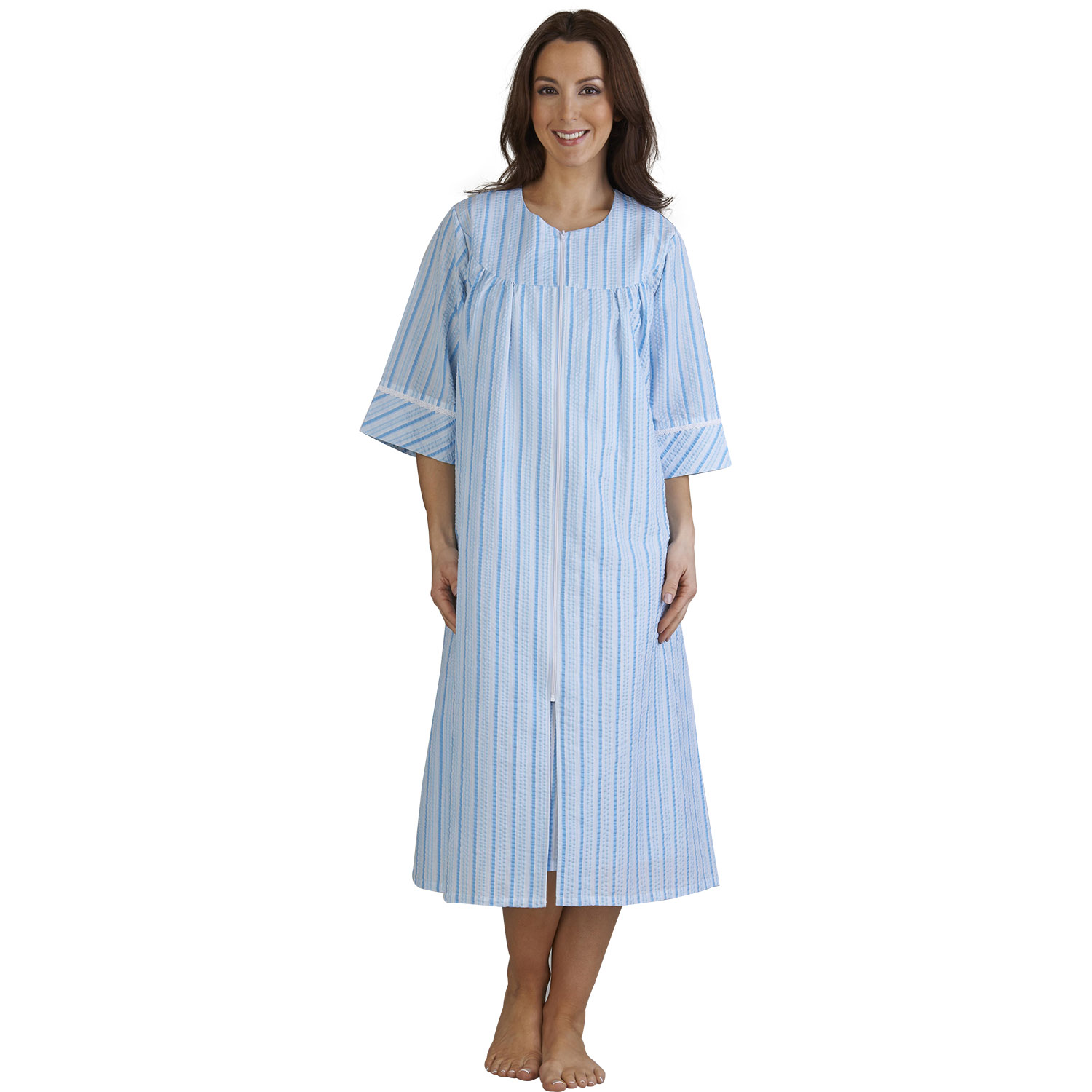 Womens Seersucker Stripe Zip Up Bathrobe Slenderella Ladies Dressing