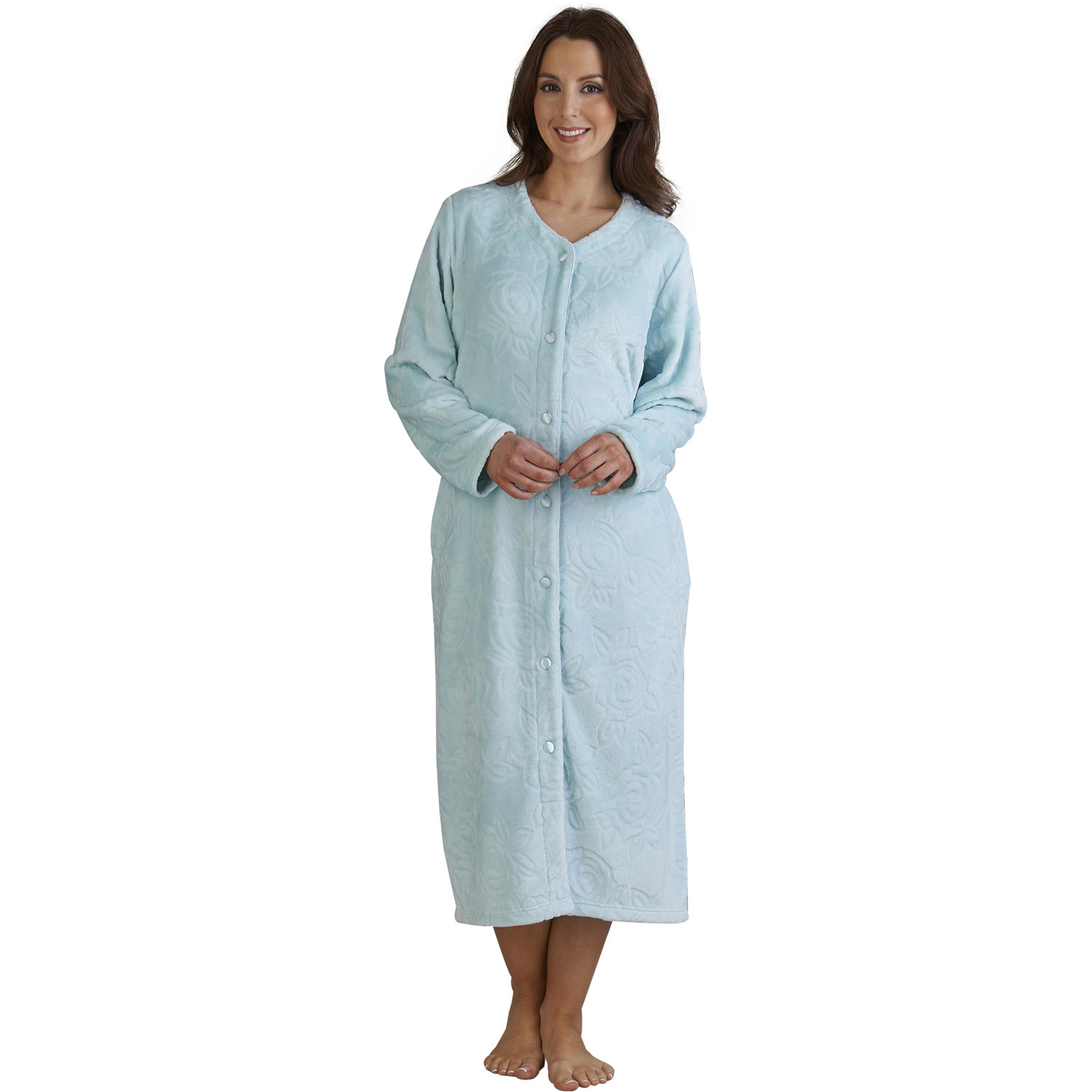 Ladies Button Up Rose Jacquard Dressing Gown Slenderella Soft Fleece