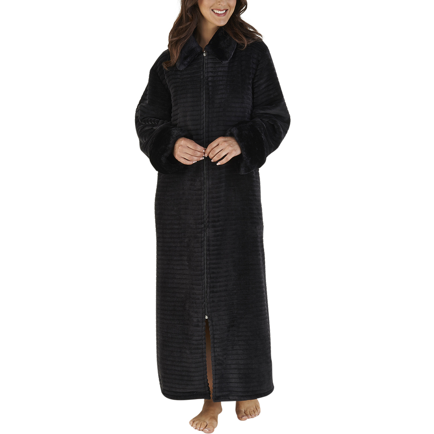 Ladies Slenderella Faux Fur Collar Fleece Bathrobe Zip Up Ribbed Dressing Gown eBay