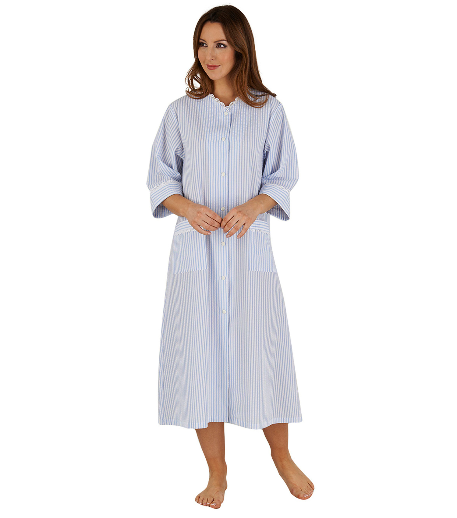 Womens Seersucker Stripe Bathrobe Ladies Button Poppers 3/4 Sleeve