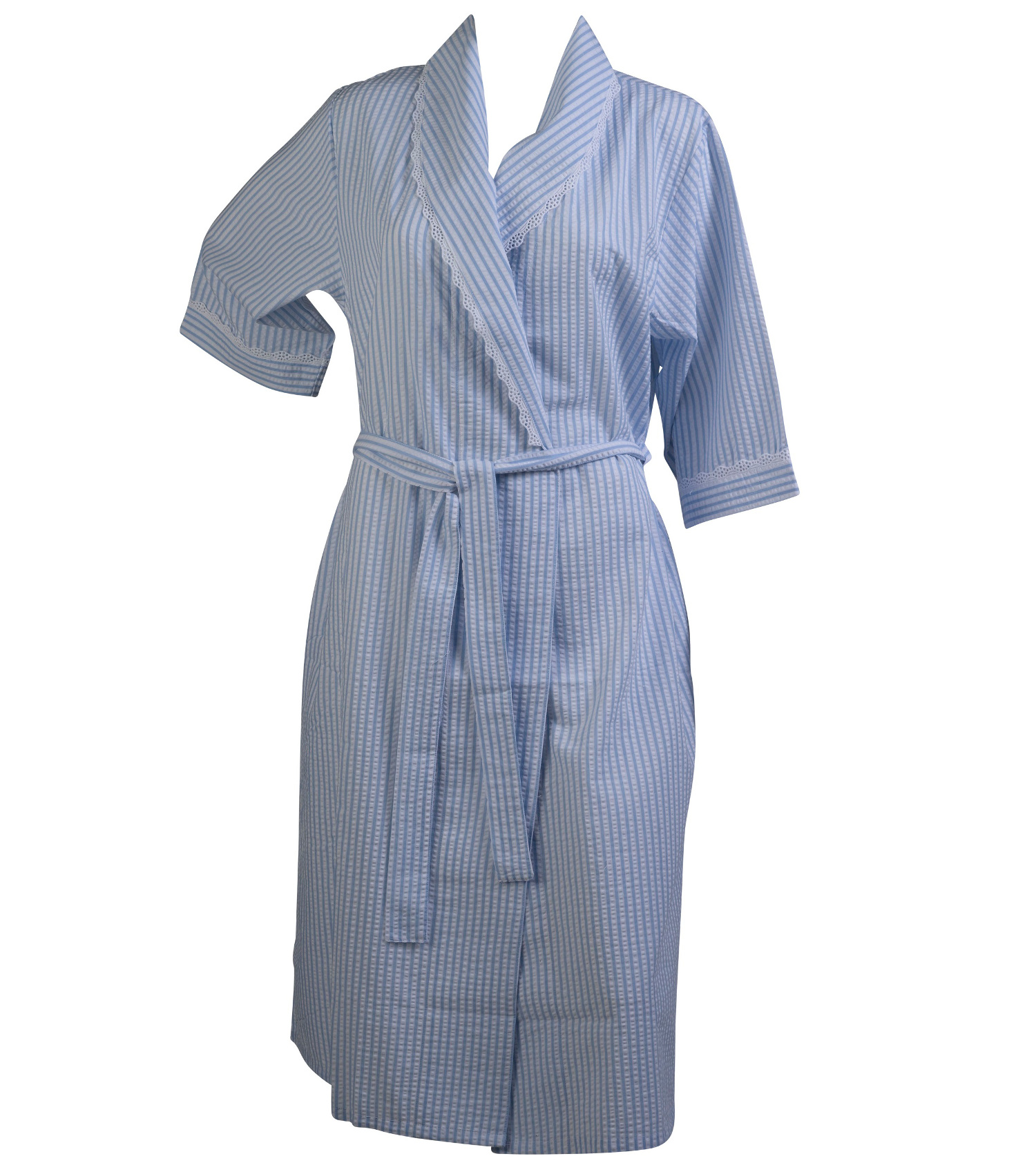 Ladies Seersucker Stripe Dressing Gown Womens 3/4 Sleeve Lace Trim Wrap
