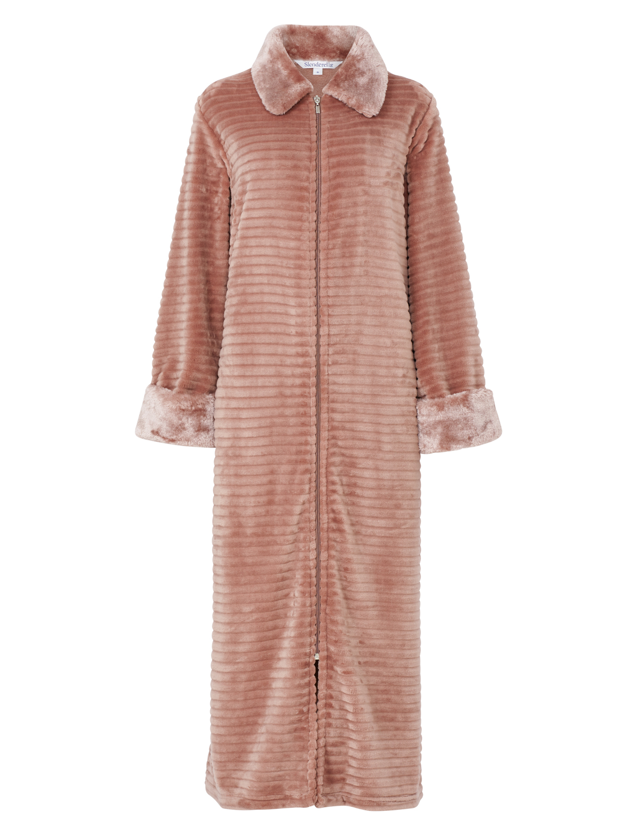 Slenderella Ladies Ribbed Dressing Gown Zip Or Wrap Faux Fur Collar Bath Robe 9817