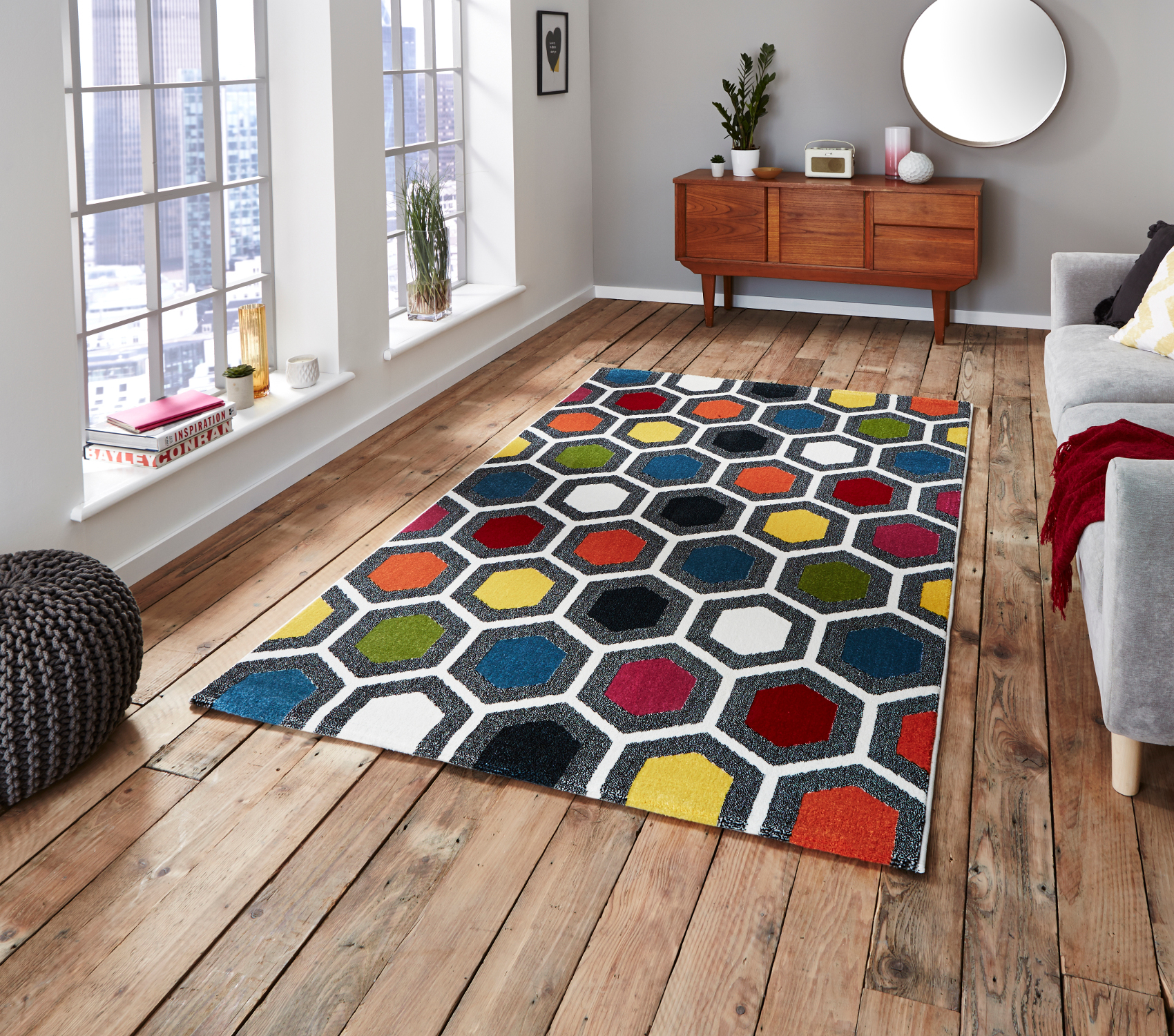 Bright Multi Coloured Hexagon Rug Heat Set Polypropylene Sunrise Mat