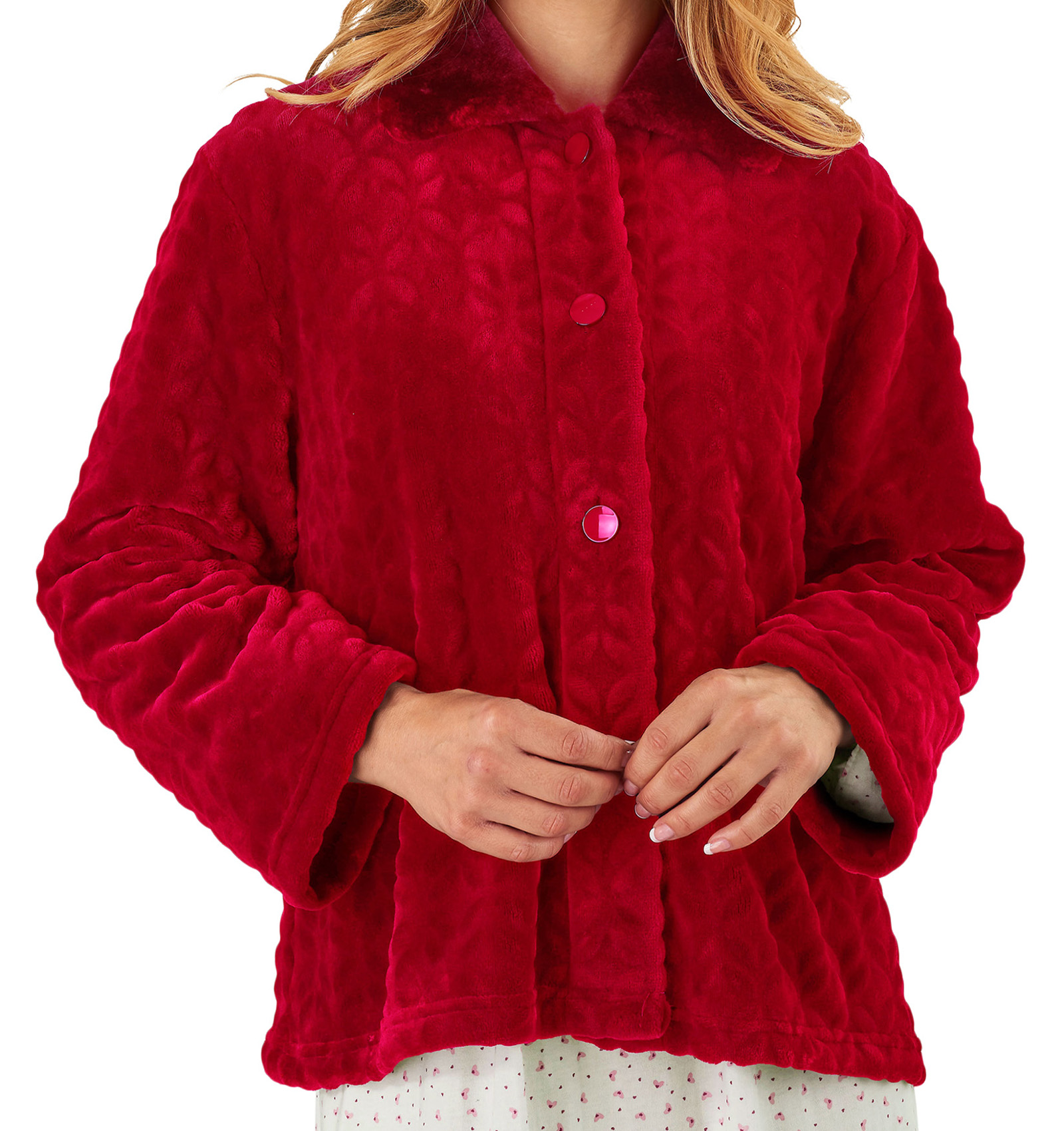 Slenderella Ladies Bed Jacket Faux Fur Collar Soft Fleece Button Up Housecoat