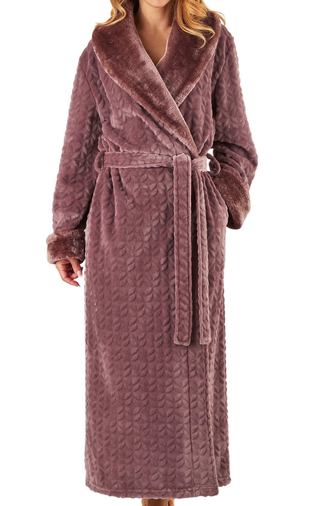 Slenderella Ladies Faux Fur Hooded Dressing Gown Soft Shawl Collar Bath Robe