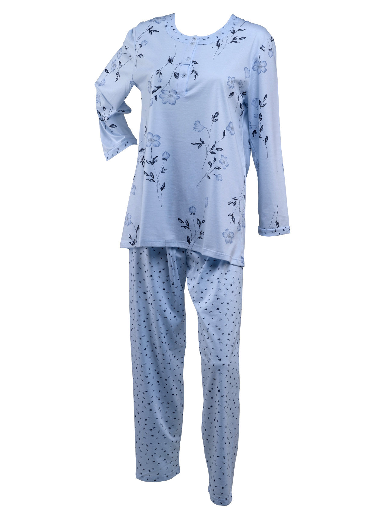Ladies Jersey Cotton Floral Pyjamas Set S XL (Blue or Pink) Mill