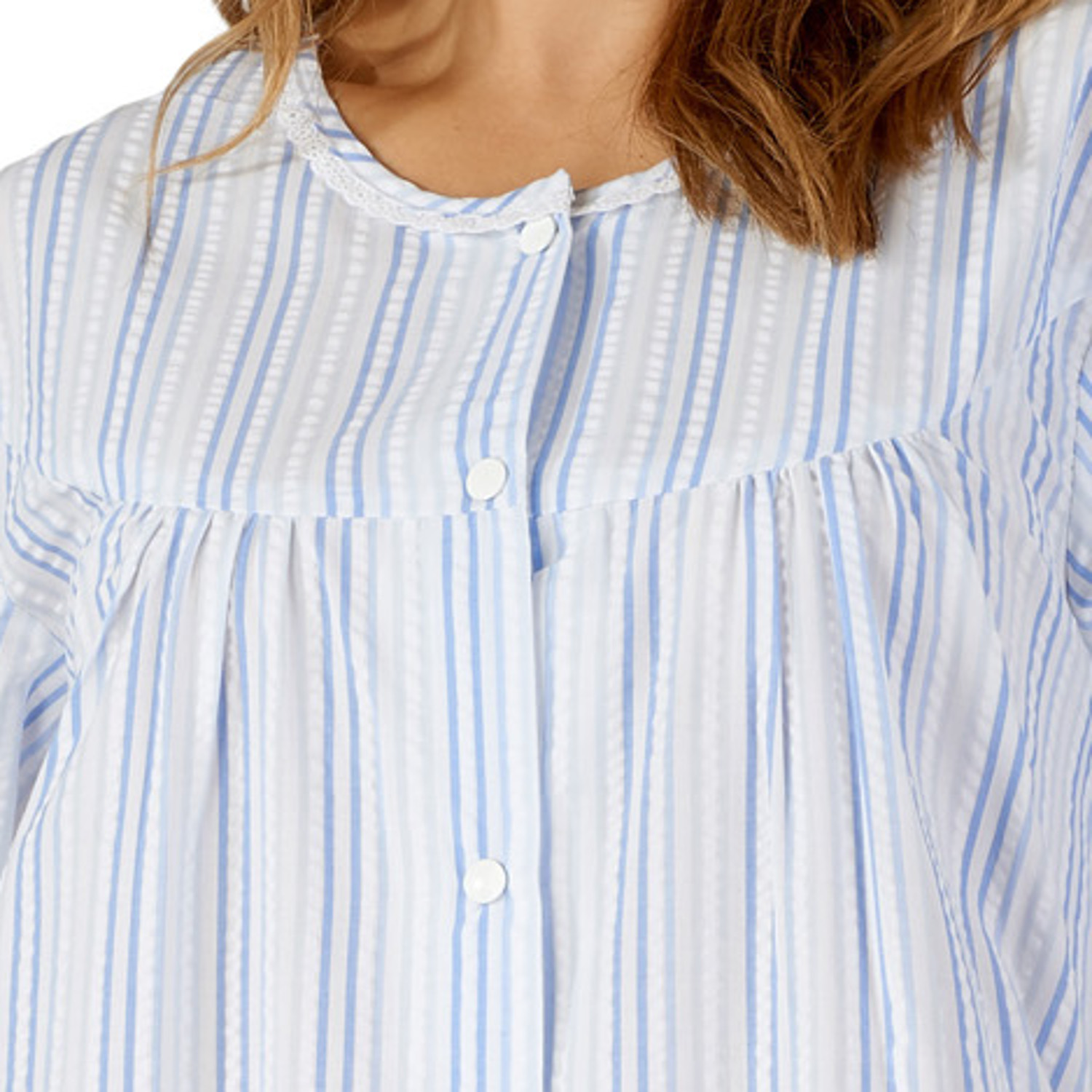Bathrobe Button Poppers Womens Seersucker Stripe Concealed Pocket Dressing Gown