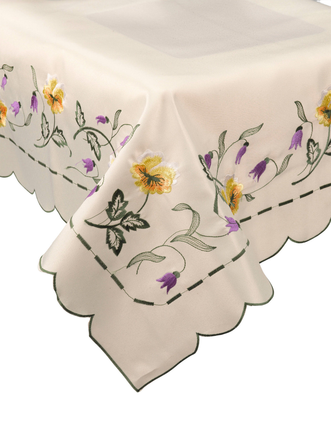 Embroidered Spring Floral Tablecloth with Scalloped Edge (36" x 36