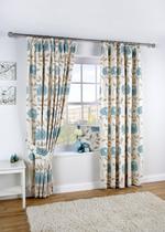 View Item Lined Curtains 'Ruby' - Floral Curtain Pencil Pleat (Teal)