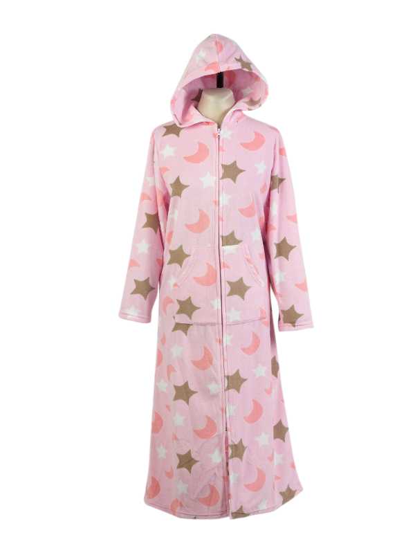Fleecy Womens Moon Star Bathrobe Soft Warm Zip Up Hooded Bed Robe