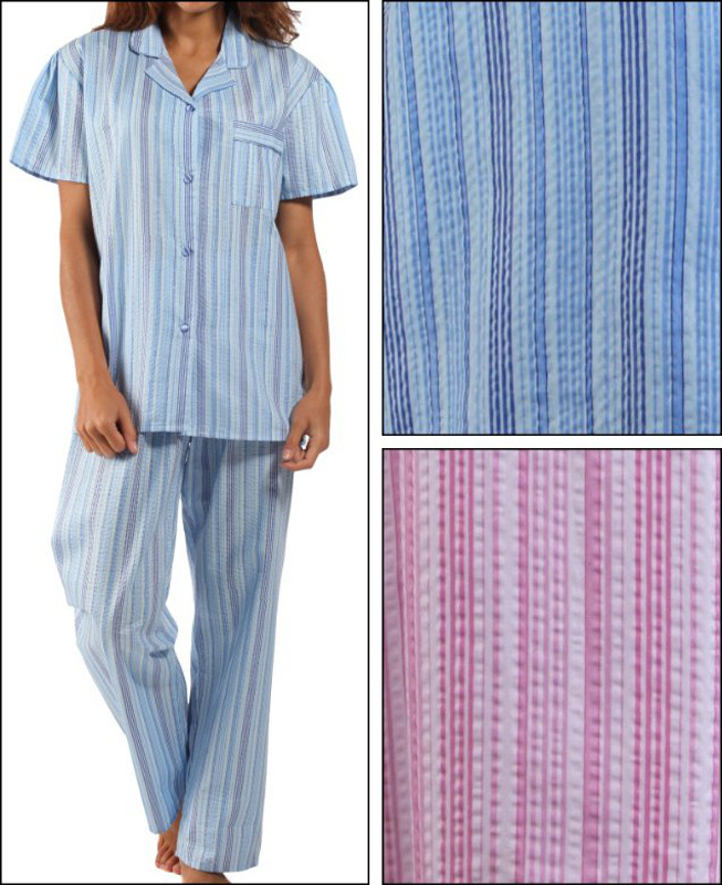 Ladies Polycotton Striped Seersucker Pjs Womens Short Sleeved Sleepwear Pyjamas | eBay