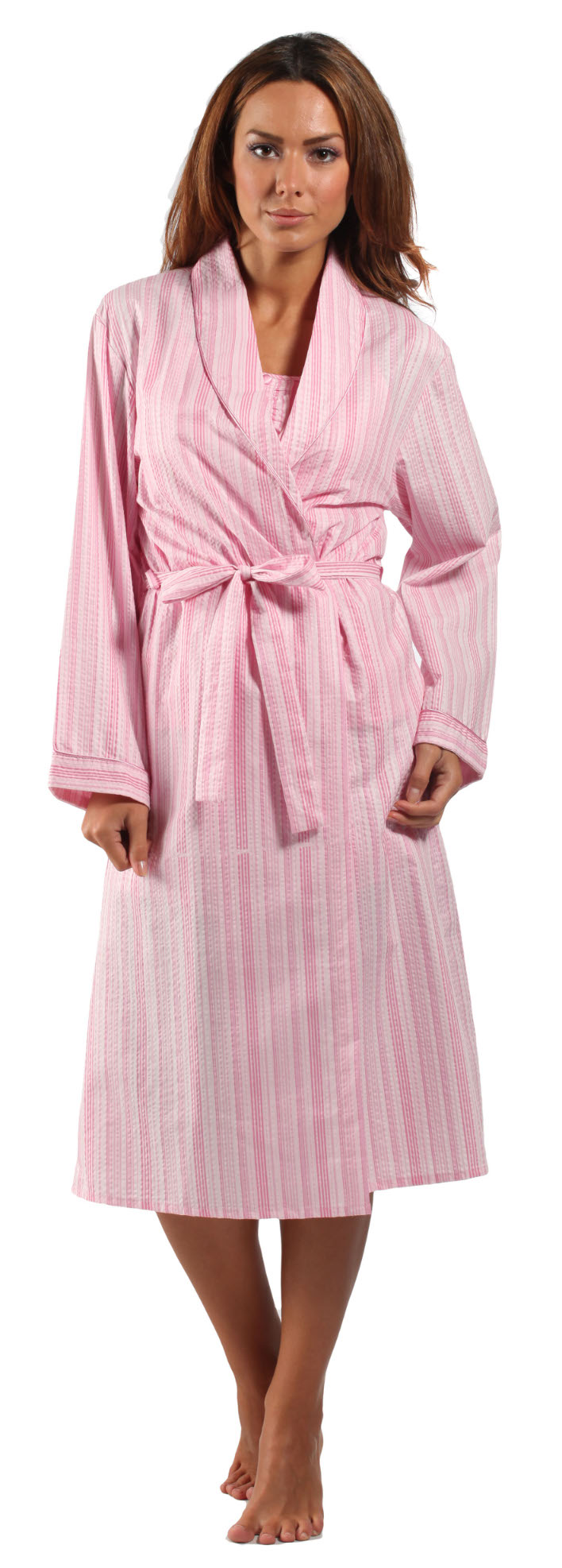 Long Sleeved Ladies Lightweight Robe Striped Seersucker Womens Dressing