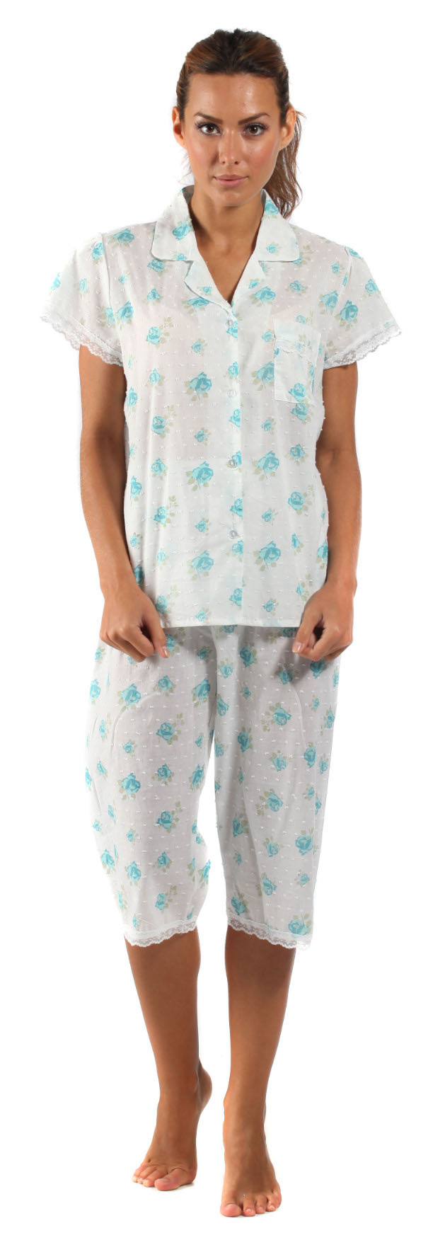 Ladies 100% Cotton Floral Pjs Womens Short Sleeved Top ¾ Length Bottoms