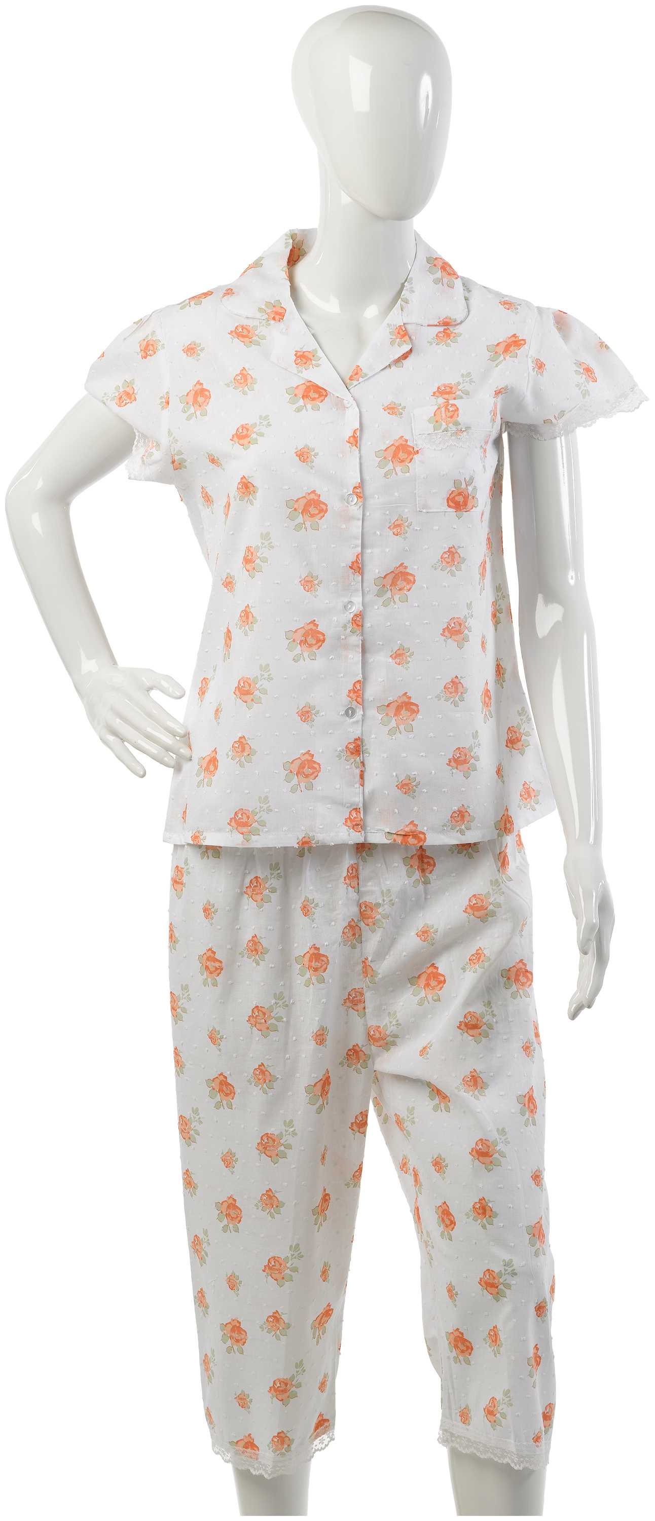 Floral Cotton Pyjamas Ladies Short Sleeved Button Up Top & ¾ Length