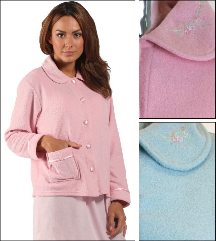 Ladies Button Through Boucle Fleece Bed Jacket Embroidered Collar House