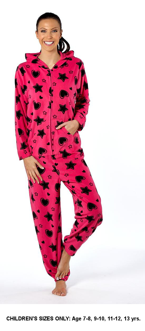 Girls Hooded Zip Up Onesie Childs Heart & Star Print Fleece Babygrow