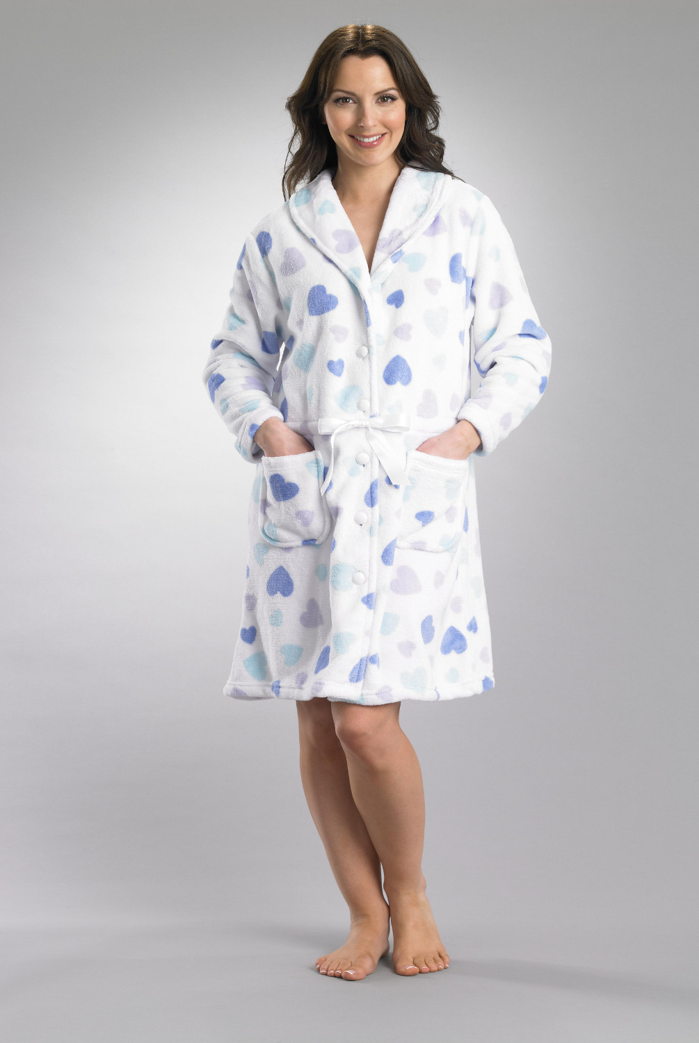 Slenderella Heart Pattern Button Up Bath Robe Ladies Soft Fleece