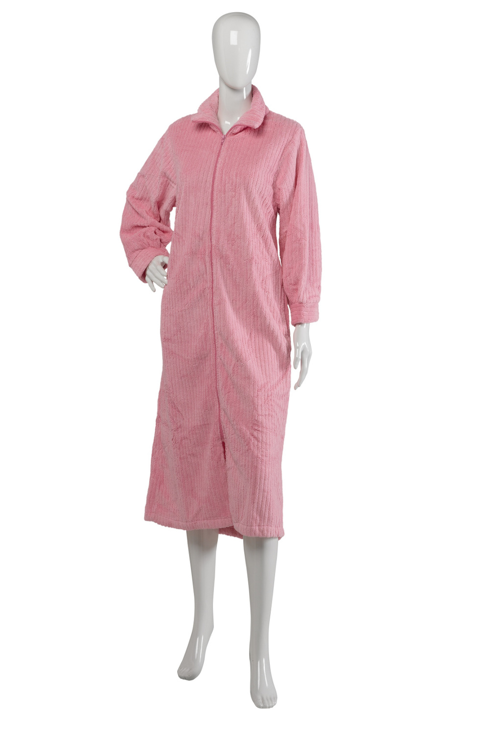 Ladies Luxury Ribbed Effect Dressing Gown Soft Fleece Zip Up House Coat