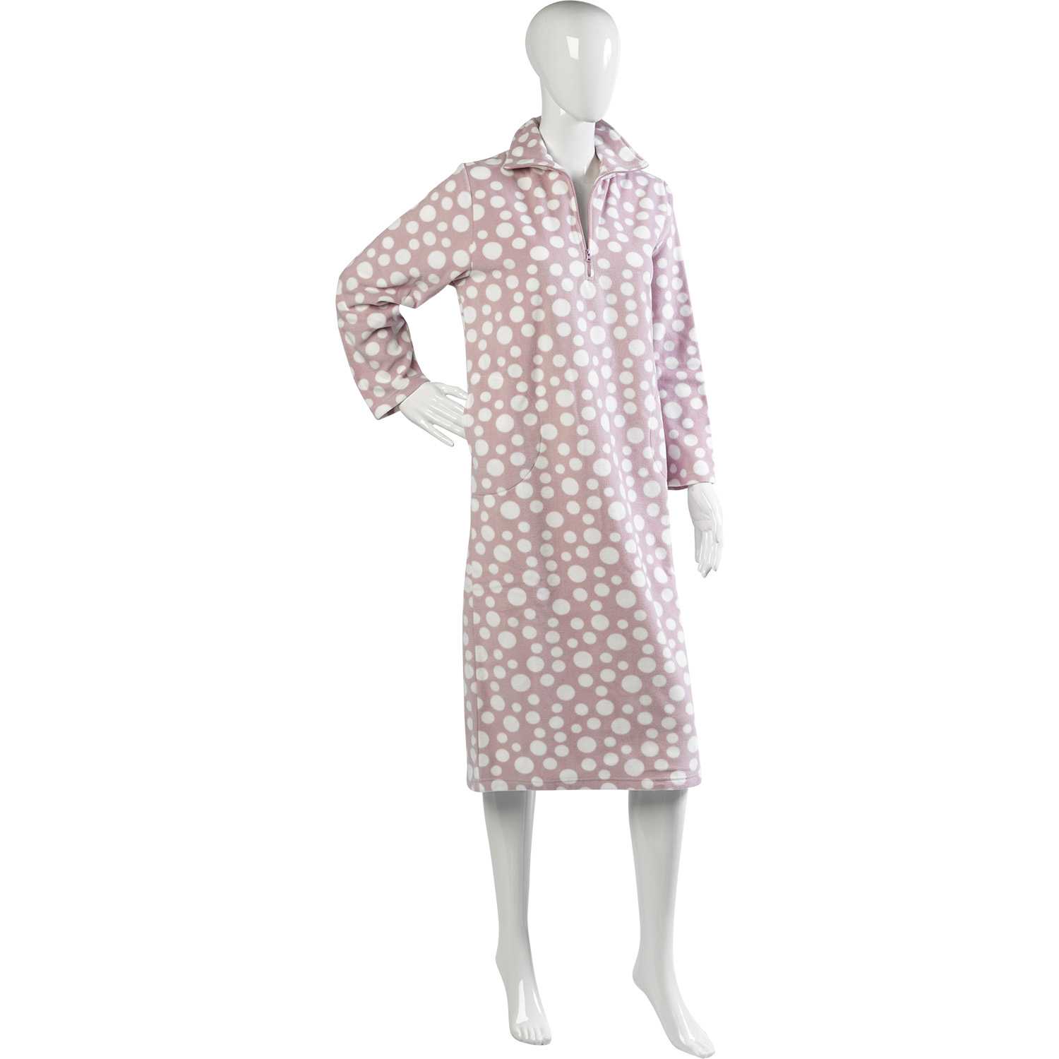 Womens Slenderella Dotty Polar Fleece Nightdress Girls Zip Full Length