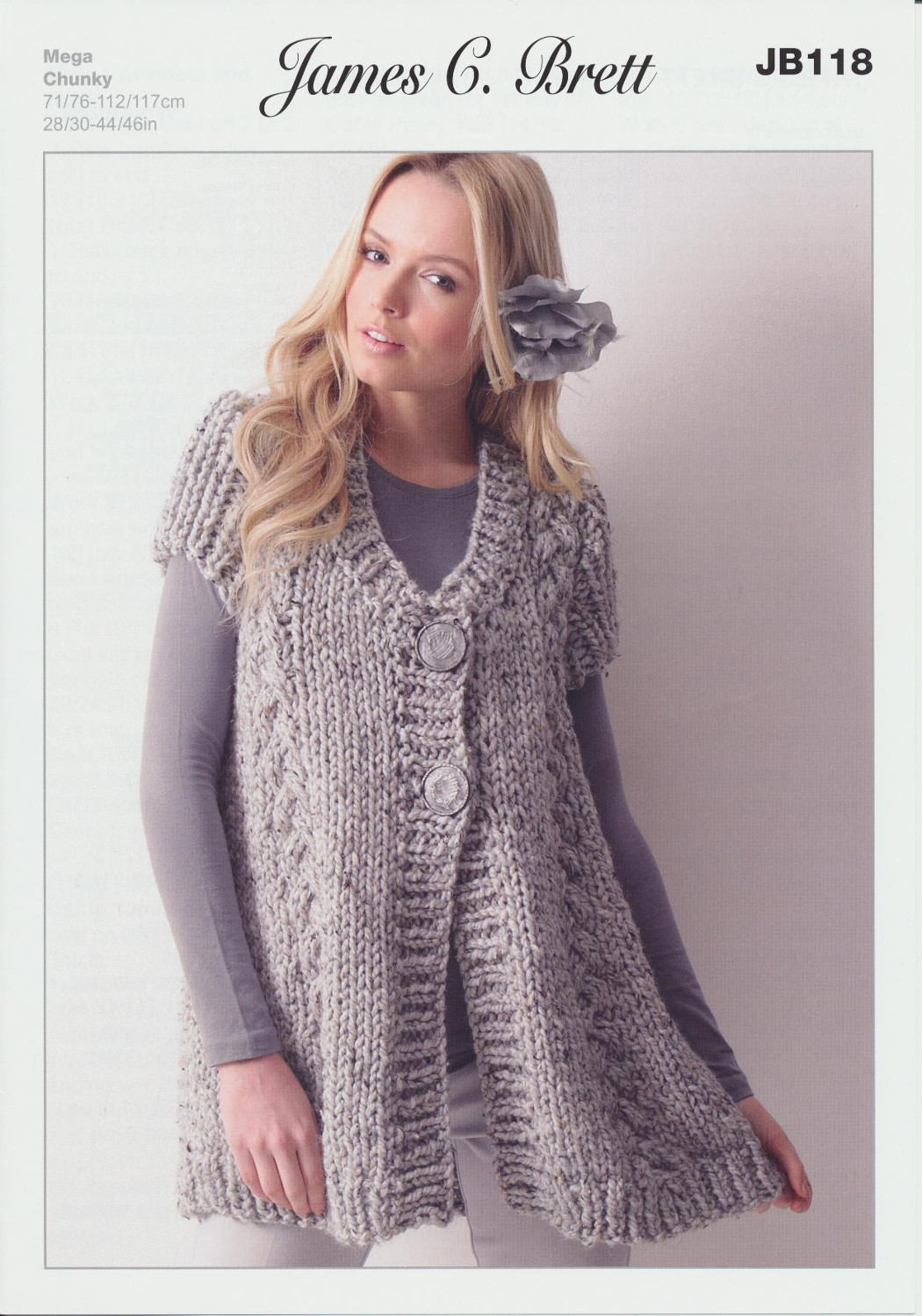 James Brett Chunky Knitting Pattern Ladies Cable Knit Short Sleeved Jacket JB118