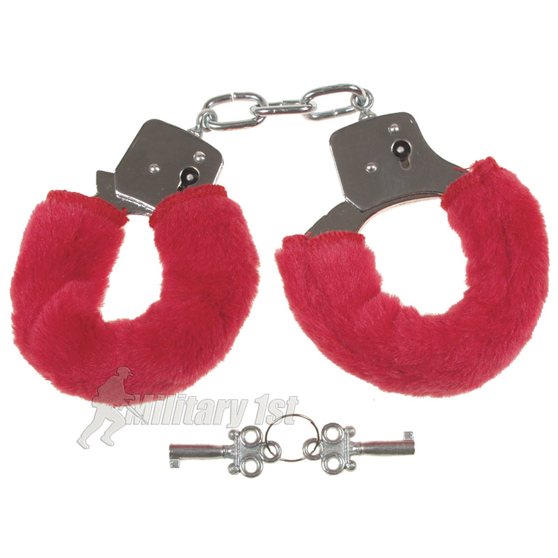 RED FURRY METAL CHROME SILVER LOVE HANDCUFFS FANCY DRESS PARTY HEN