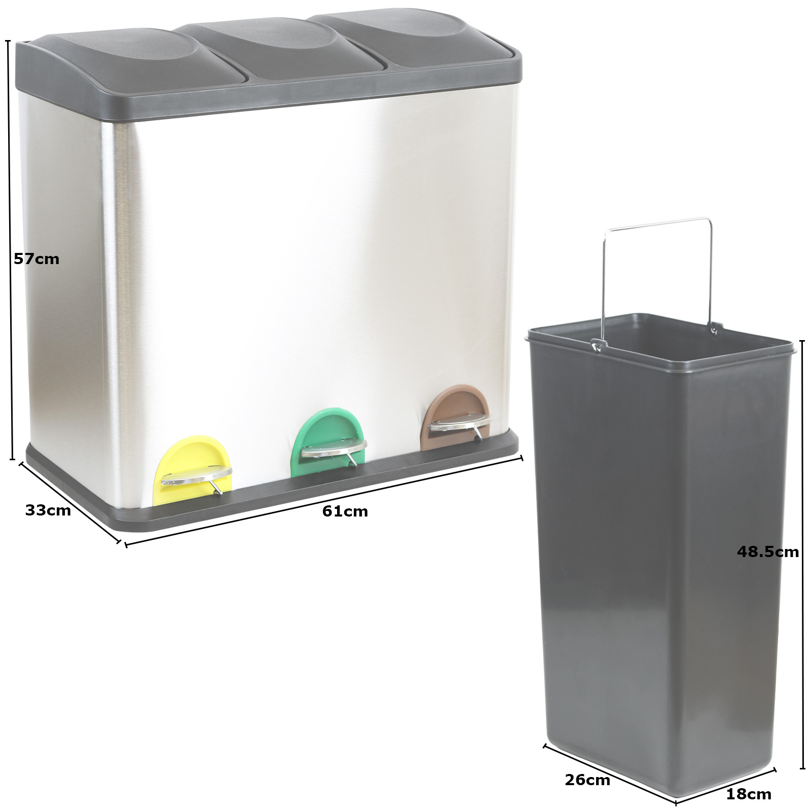 54 LITRE TRIPLE RECYCLING PEDAL BIN COMPARTMENT KITCHEN RUBBISH/WASTE