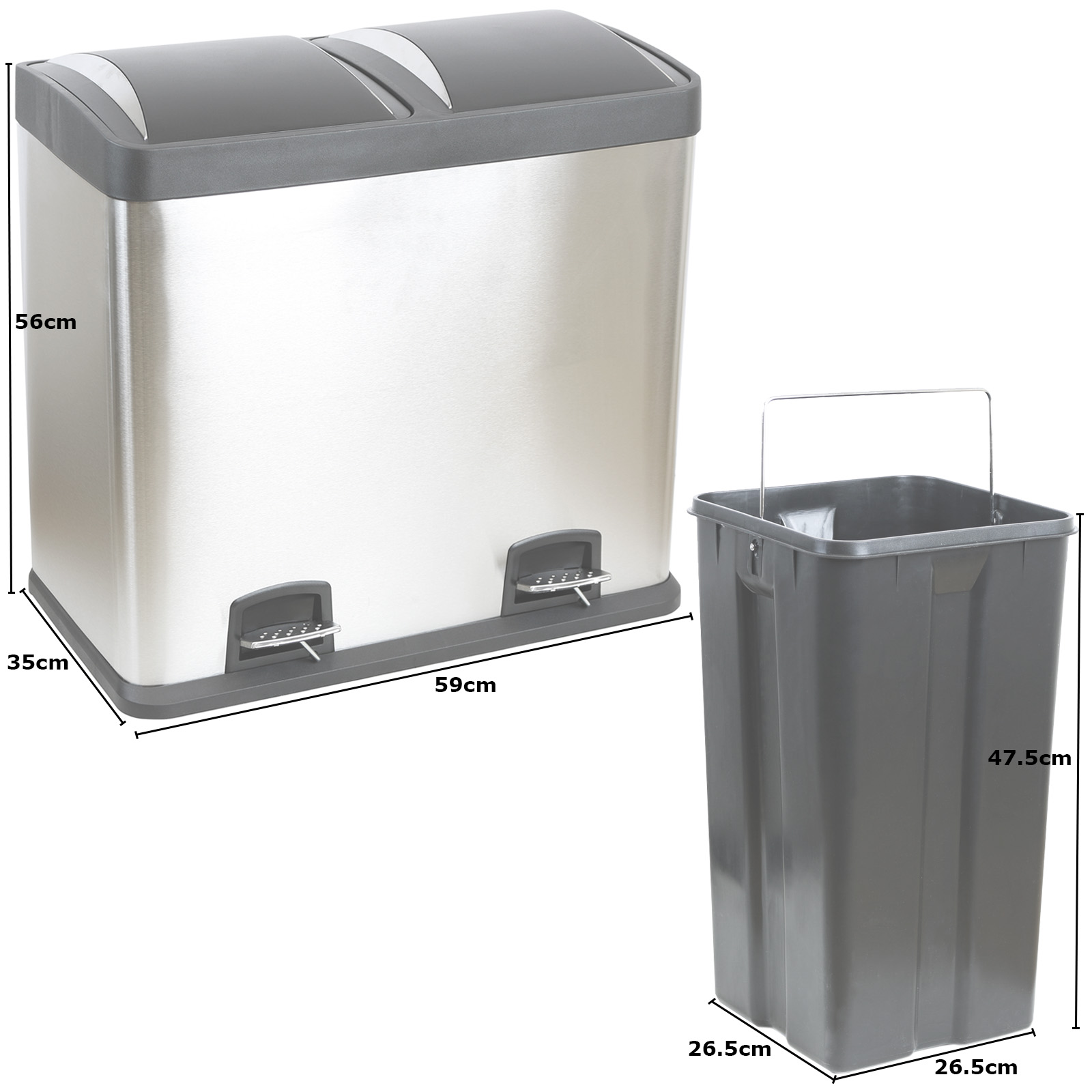 DOUBLE RECYCLING PEDAL BIN TWIN COMPARTMENT 48L RUBBISH/WASTE 48 LITRE