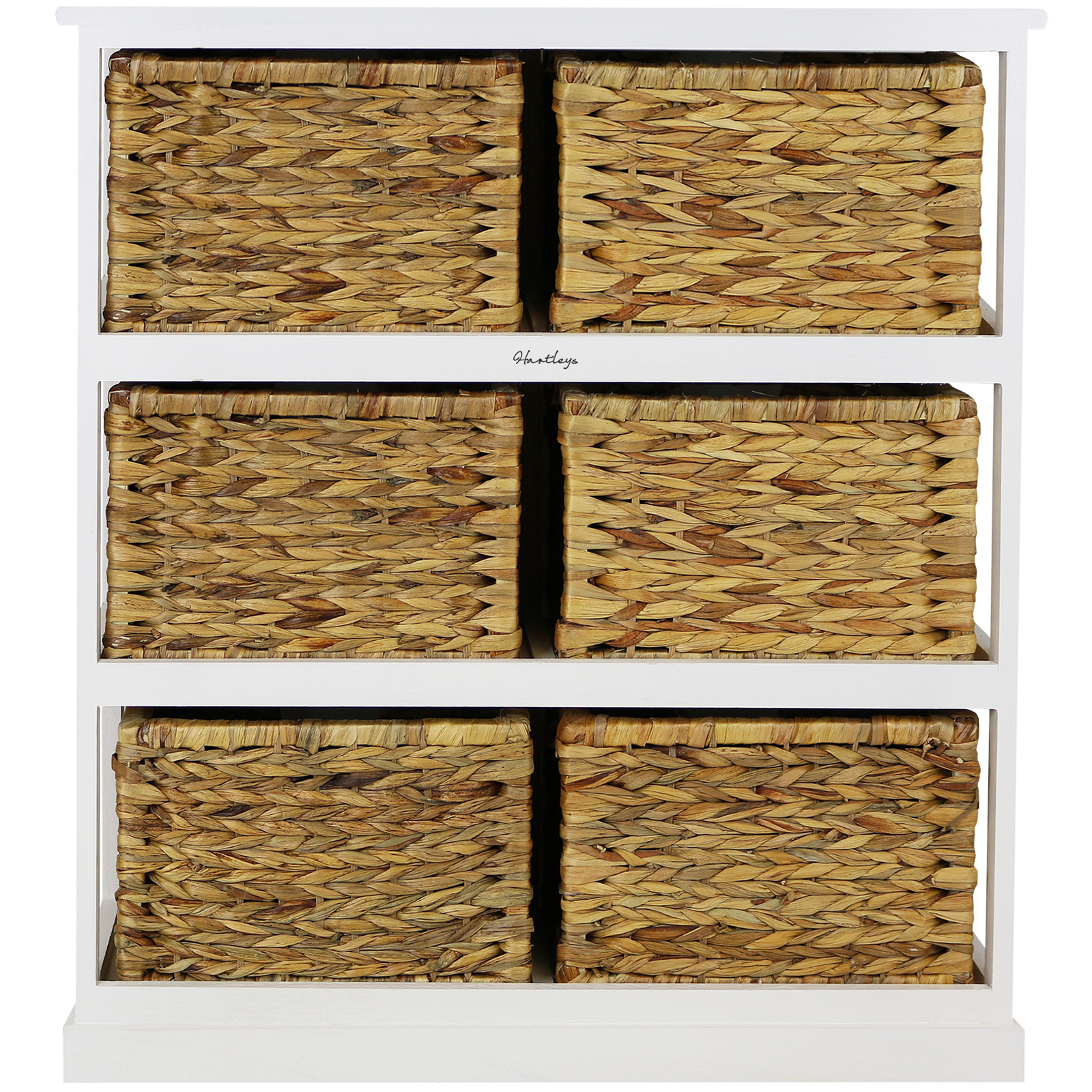 Hartleys 2x3 White Wood Home Storage Unit 6 Wicker Drawer Baskets Chest