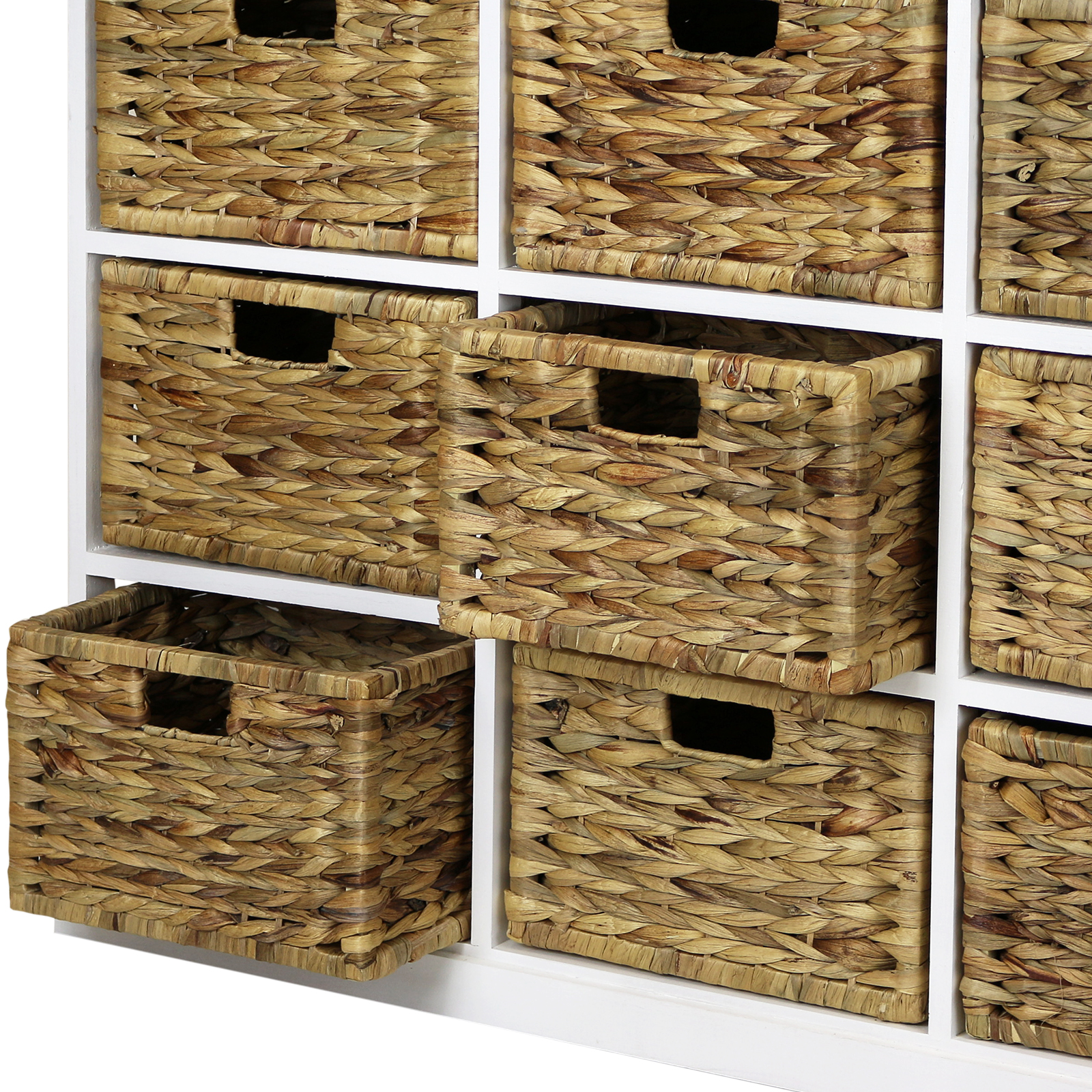 HARTLEYS 3x3 WHITE WOOD HOME STORAGE UNIT 9 WICKER DRAWER BASKETS CHEST