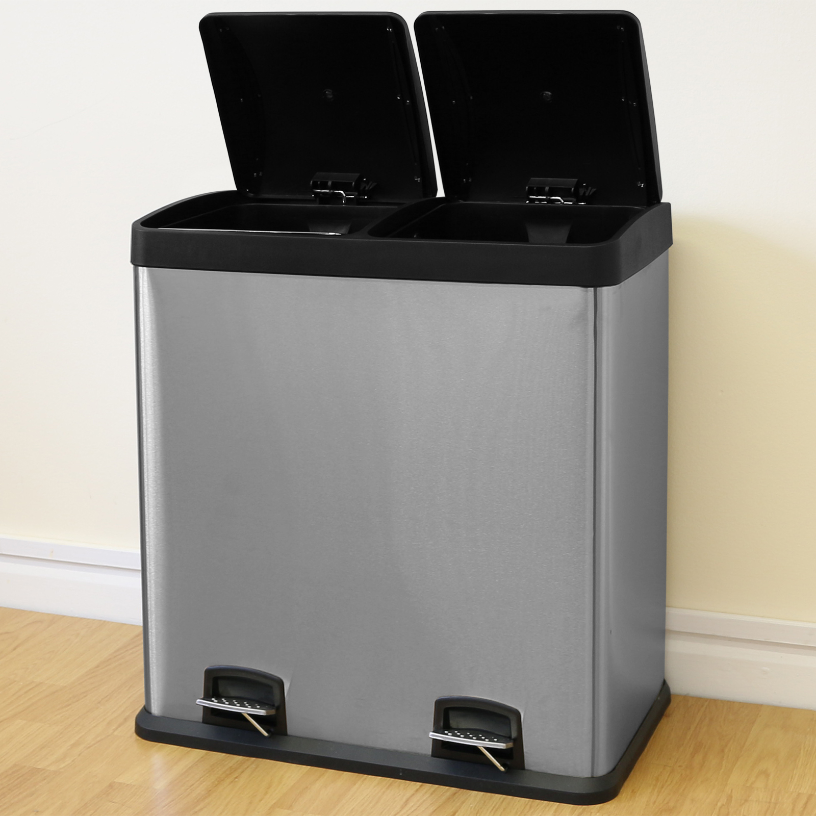 XL 60L Stainless Steel Rubbish/Waste Recycling Pedal Bin Double/Twin