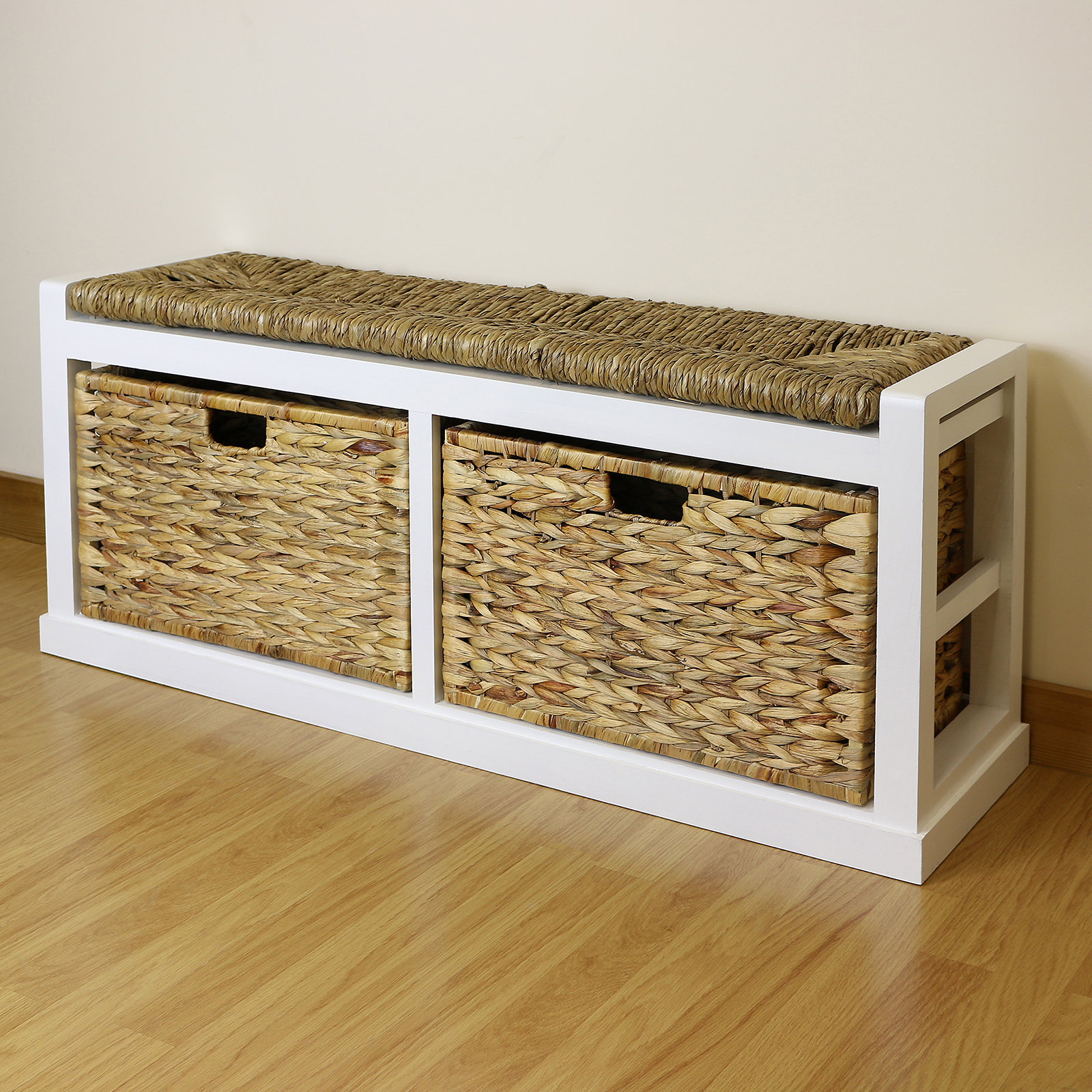 White Twin Seat Hallway/Home Shoe Storage Bench Foam & Wicker Cushion/2