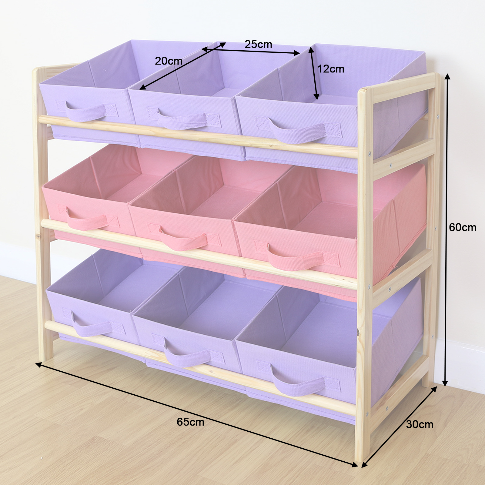 Purple & Pink 3 Tier Wood Toy Unit 9 Canvas Boxes/Drawers Kids