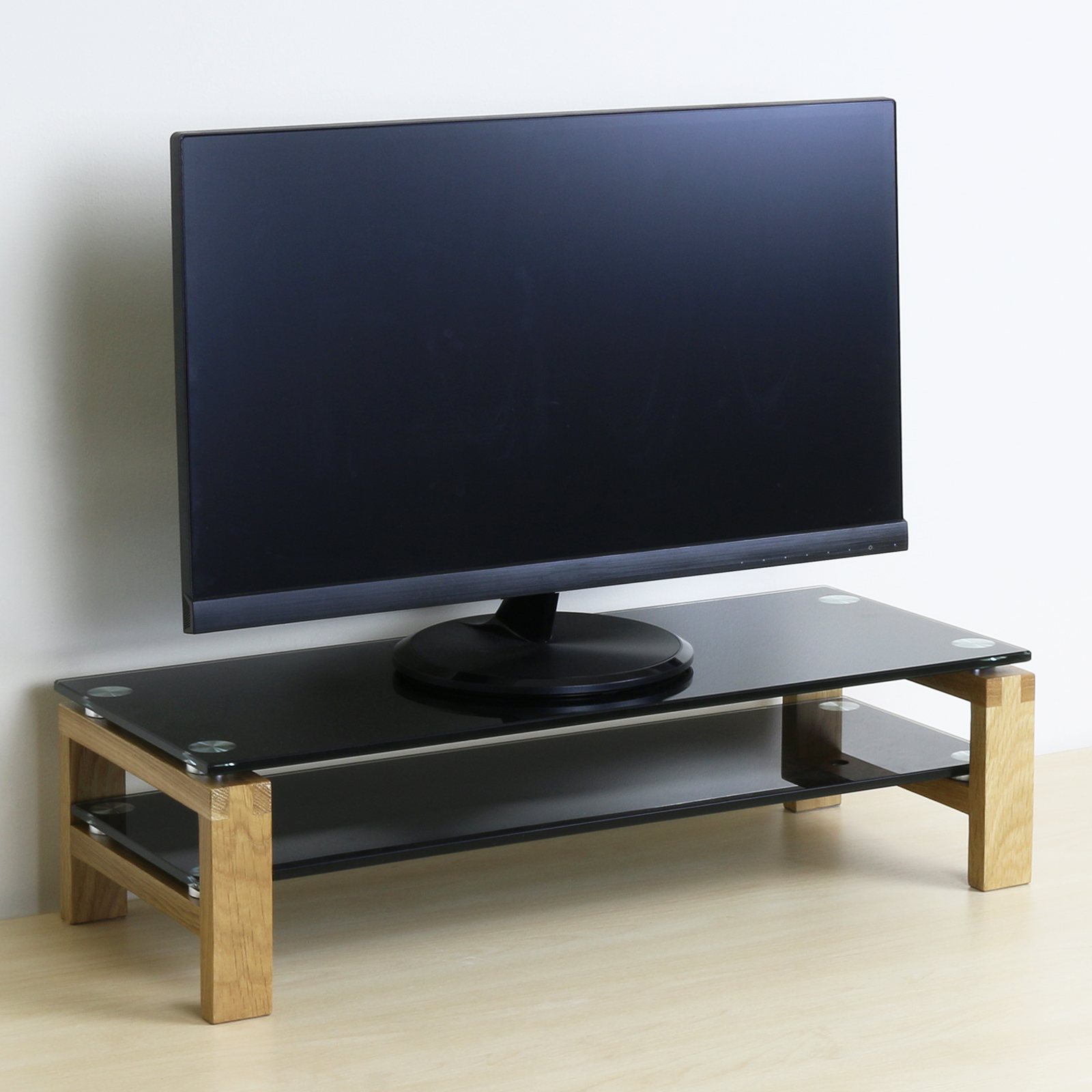 Two Tier Black Glass & Oak Screen Riser TV/Television Box Stand Games