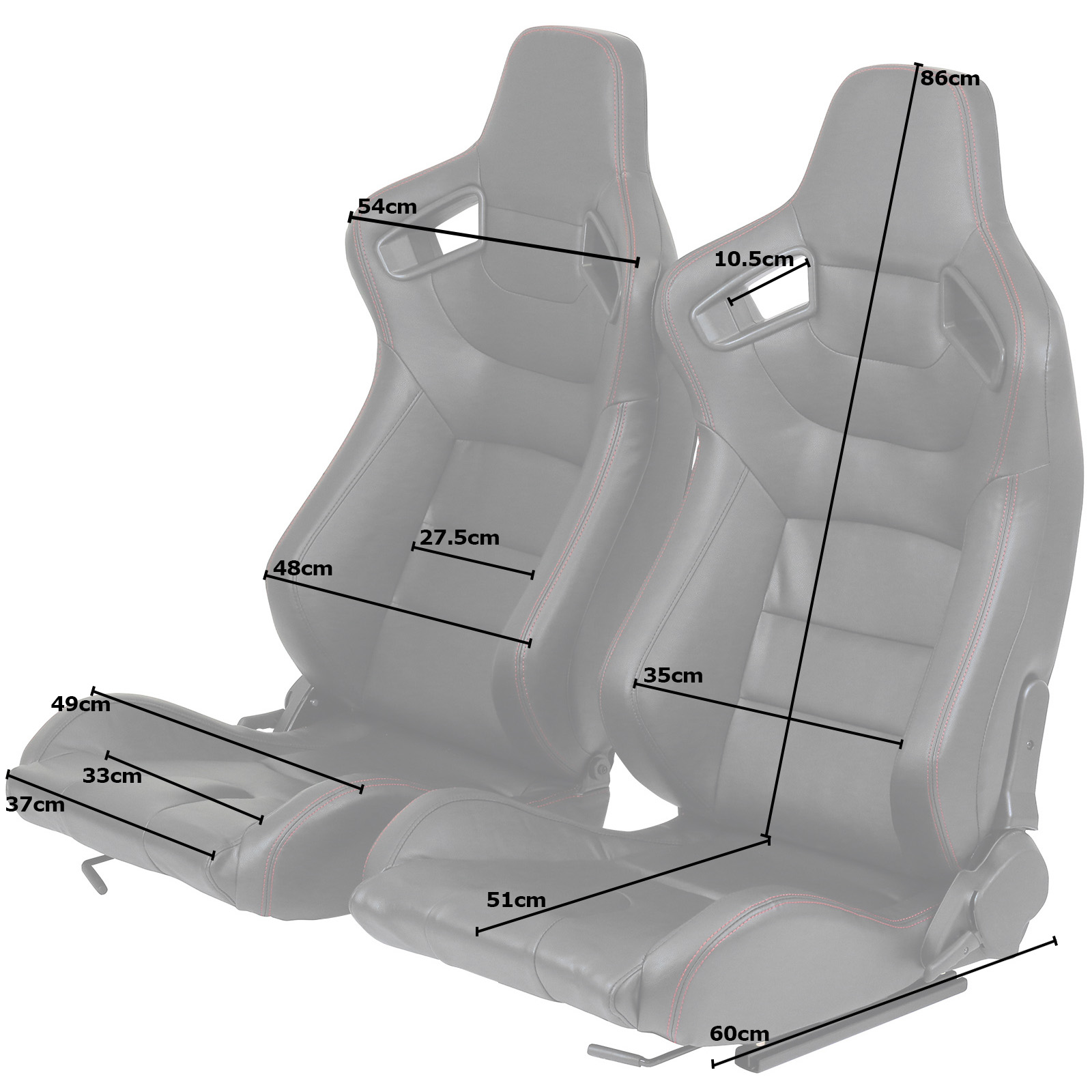 PAIR OF BLACK PVC LEATHER FULLY RECLINING BUCKET CAR SEATS SPORTS